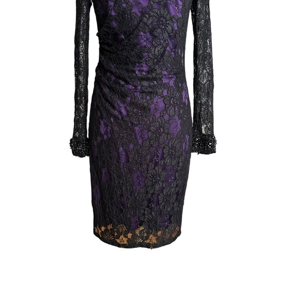 DAVID MEISTER Black Lace Cocktail Dress Beaded Cuffs, Purple Lining Size 6 - Picture 4 of 16